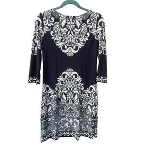 Lavanya Dress Womens Sz Small Blue And‎ White Pattern Midi 3/4 Sleeve Stretchy